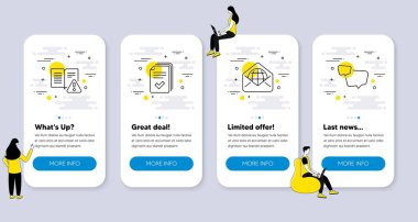 Web posta, dağıtma, kullanma kılavuzu simgeleri gibi iş simgeleri. İnsanlarla UI telefon uygulaması ekranları. Konuşma baloncuğu sembolleri. Vektör