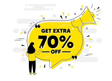 Satıştan% 70 indirim al. Kullanıcı ile megafon sohbet afişini uyar. İndirimli fiyat tabelası. Özel teklif sembolü. Yüzde 70 tasarruf et. Ekstra indirimli sohbet mesajı hoparlörü. Vektör