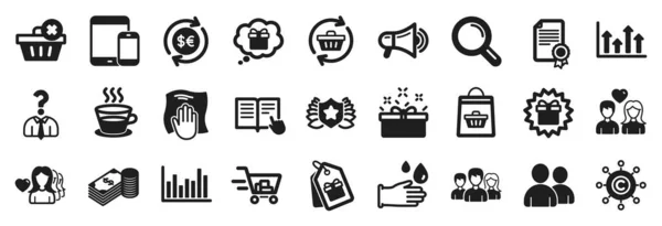 Set Von Einfachen Symbolen Wie Mobilgeräte Warenkorb Balkendiagramm Symbole Teamwork — Stockvektor