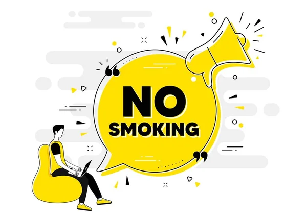 喫煙用のバナーはない ユーザーとのメガホンチャットバナーを警告します 煙のサインを止めて 喫煙禁止記号 今すぐチャットメッセージスピーカーを開きます 警告メガホンの人々の背景 ベクトル — ストックベクタ