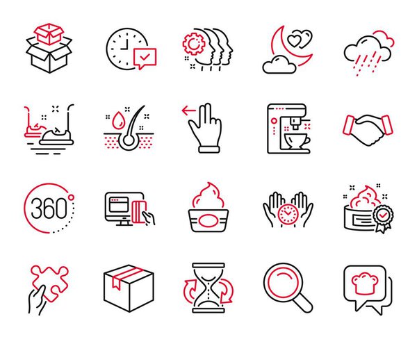 Векторный набор значков "Бизнес", связанных с "Песочные часы", "Безопасное время" и "Выбор значков сигнализации". Кофеварка, 360 градусов и знаки мороженого. Ночь любви, дождливая погода и кулинарная шляпа. Поиск, Крем. Вектор