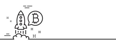 Bitcoin çizgisi simgesi. Şifreleme başlangıç işareti. Kripto roket sembolü. Asgari çizgi çizimi arka planı. Bitcoin proje çizgisi simge desenli afişi. Beyaz ağ şablonu konsepti. Vektör