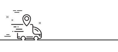 Teslimat kamyonu ikonu. Kurye konumu işareti. Sipariş teslim sembolü. Asgari çizgi çizimi arka planı. Teslimat kamyonu ikon desenli afiş. Beyaz ağ şablonu konsepti. Vektör