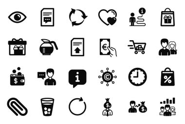 Alışveriş arabası, buzlu çay ve finans ikonlarıyla ilgili basit simgeler kümesi. Hearts, Copywriting Network ve Time işaretleri. Kahve kabı, müdür ve göz. Tatil alışverişi, insan sohbeti. Vektör