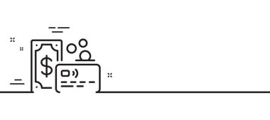 Kredi kartı simgesi. Banka para ödeme tabelası. Nakit parasız ödeme sembolü. Asgari çizgi çizimi arka planı. Kart çizgisi simge pankartı. Beyaz ağ şablonu konsepti. Vektör