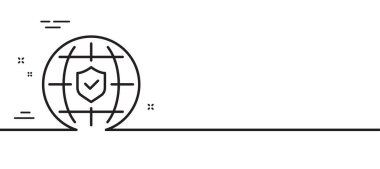 Küresel sigorta çizgisi simgesi. Seyahat riski sigortası işareti. Poliçe sahibi koruma sembolü. Asgari çizgi çizimi arka planı. Küresel sigorta çizgisi simge pankartı. Vektör