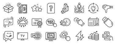 Messenger postası, 24 saat hizmet, Reddetme sertifikası simgeleri gibi bir dizi teknoloji simgesi. Dönme hareketi, saç kurutma makinesi, bilinmeyen dosya işaretleri. Büyüme grafiği, televizyon, elektrik. Usb çubuğu, fikir. Vektör