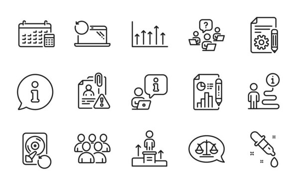 Education icons set. Included icon as Group, Recovery hdd, Report document signs. Recovery laptop, Search employee, Business podium symbols. Justice scales, Documentation, Calendar. Vector
