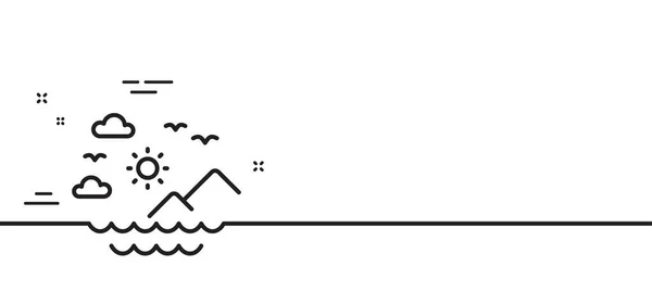 Reizen Zee Bergen Lijn Pictogram Zon Wolken Golven Tekenen Zomervakantie — Stockvector