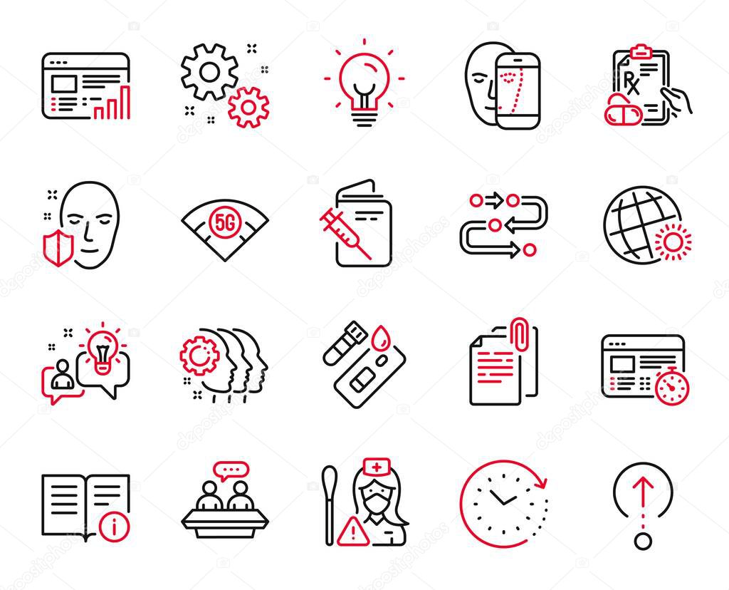Vector Set of Science icons related to Employees teamwork, Face protection and 5g wifi icons. Energy, World weather and Swipe up signs. Prescription drugs, Methodology and Employees talk. Vector