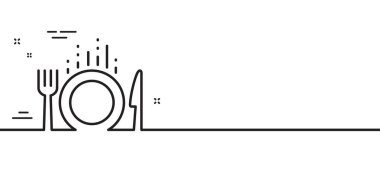 Yemek çizgisi ikonu. Çatal bıçak seti. Çatal, bıçak sembolü. Asgari çizgi çizimi arka planı. Yemek hattı ikon desenli pankart. Beyaz ağ şablonu konsepti. Vektör