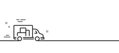 Kamyon taşıma hattı simgesi. Nakliye aracı işareti. Teslimat sembolü. Asgari çizgi çizimi arka planı. Kamyon taşıma hattı simge desenli afişi. Beyaz ağ şablonu konsepti. Vektör