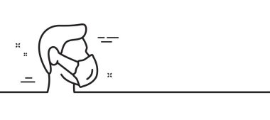 Tıbbi maske çizgisi simgesi. Güvenli solunum maskesi işareti. Coronavirus koruma sembolüyle karşı karşıya. Asgari çizgi çizimi arka planı. Tıbbi maske çizgisi simge pankartı. Vektör