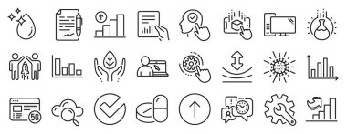 Cogwheel ayarları, Coronavirus, Histogram simgeleri gibi bilim simgeleri. Anlaşma belgesi, adil ticaret, büyüme tabelaları. 5g internet, kimya deneyi, bilgisayar. Dayanıklılık. Vektör
