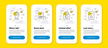 Telif hakkı dolabının vektör seti, paket faturası ve zaman çizgisi simgeleri ayarlandı. Satır simgeli UI telefon uygulaması ekranları. Dosya simgesi yükle. Özel bilgi, teslimat belgesi, konum belirteç. Vektör