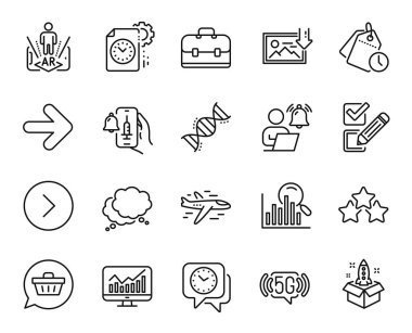 Zaman yönetimi vektör kümesi, Portföy ve İleri çizgi simgeleri ayarlandı. Kimya DNA 'sı, kullanıcı bildirimi ve 5G wifi simgeleri. Startup, Airplane ve Sıralama yıldızları. Zaman yönetimi web sembolü. Vektör