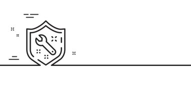 Anahtar araç çizgisi simgesi. Tamir servisi işareti. Kalkan koruma sembolü. Asgari çizgi çizimi arka planı. Anahtar çizgisi simge pankartı. Beyaz ağ şablonu konsepti. Vektör