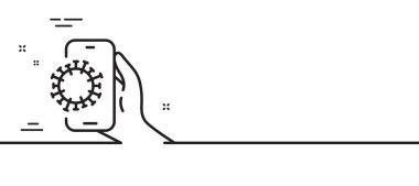 Covid telefon uygulaması satır simgesi. Coronavirus uygulama işareti. Kirli akıllı telefon sembolü. Asgari çizgi çizimi arka planı. Covid uygulama çizgisi simge desenli pankart. Beyaz ağ şablonu konsepti. Vektör