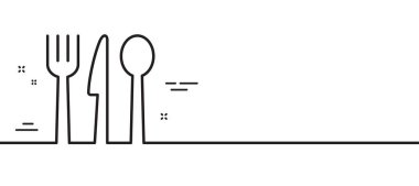 Yemek çizgisi ikonu. Çatal bıçak seti. Çatal, bıçak, kaşık sembolü. Asgari çizgi çizimi arka planı. Yemek hattı ikon desenli pankart. Beyaz ağ şablonu konsepti. Vektör