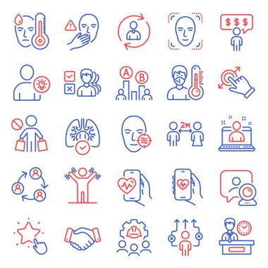 İnsan simgeleri ayarlandı. Dokunma, Termometre, Sıralama Yıldız İşaretleri gibi simgeleri de içeriyor. Mühendislik ekibi, sağlık uygulaması, çalışanlar için sosyal yardım sembolleri. Sorunlu cilt, alışverişi bırak, humma. Ab testi. Vektör