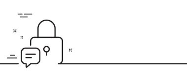 Kilit çizgisi simgesi. Sohbet baloncuğu işaretli asma kilit. Mesaj koruma sembolü. Asgari çizgi çizimi arka planı. Kilit çizgisi simge pankartı. Beyaz ağ şablonu konsepti. Vektör