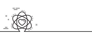 Kalp çizgisi ikonu olan bir atom. Enerji işareti. Kimyasal element sembolü. Asgari çizgi çizimi arka planı. Atom çizgisi simge pankartı. Beyaz ağ şablonu konsepti. Vektör