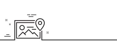 Fotoğraf konum çizgisi simgesi. Resim küçük resim işareti. Resim tutucu sembolü. Asgari çizgi çizimi arka planı. Fotoğraf konumu simge desenli pankart. Beyaz ağ şablonu konsepti. Vektör