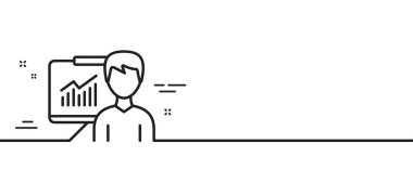 Sunum satırı simgesi. Eğitim kurulu işareti. Grafikler sembollü konferans. Asgari çizgi çizimi arka planı. Sunum satırı simge desenli pankart. Beyaz ağ şablonu konsepti. Vektör