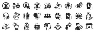 Oy pusulası, saray yargıcı, düzenleyici kişi simgeleri gibi bir dizi insan simgesi. Delege işleri, grup üyeleri, sosyal mesafe işaretleri. Arama uygulaması, dondurucu, teslimatçı. Dokunmatik ekran hareketi. Vektör