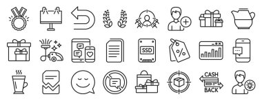 Yozlaşmış dosya, Alışveriş, Gülümseme ikonları gibi simgeler. Geri al, elektrikli süpürge, Tatil işaretleri sunar. Paket takibi, Ek kişi, Honor. SSSD, Smartphone mesajı, dosyaları kopyala. Vektör