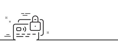 Kredi kartı simgesi. Kilitli banka para ödeme tabelası. Nakitsiz ödeme sembolü. Asgari çizgi çizimi arka planı. Kart çizgisi simge pankartı. Beyaz ağ şablonu konsepti. Vektör