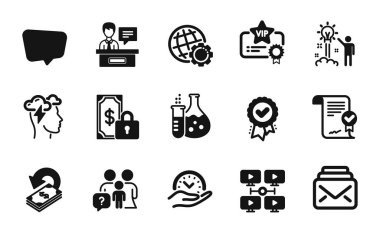 Kimya şişesinin vektör seti, Cashback ve Chat mesaj simgeleri basit set. Farkındalık stresi, güvenli zaman ve video konferans ikonları. Posta, Sergi ve Özel Ödeme İşaretleri. Vektör