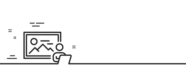 写真スタジオラインのアイコン 画像撮影サイン 画像のプレースホルダー記号 最小限の線のイラストの背景 フォトスタジオラインアイコンパターンバナー ホワイトウェブテンプレートのコンセプト ベクトル — ストックベクタ