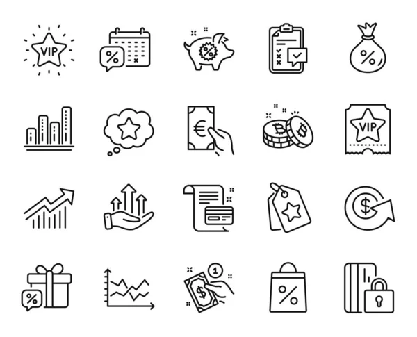 Vector set of Graph chart, Payment card and Discounts calendar line icons set. Vip ticket, Blocked card and Sale gift icons. Dollar exchange, Demand curve and Loyalty tags signs. Vector