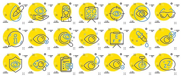 Оптометрия, иконки глазного врача. Медицинская лазерная хирургия, очки и пипетка. Розовый глаз, хирургия катаракты и иконы аллергии. Проблемы с осмотром зрения, доска для оптики, диаграмма окулиста. Вектор
