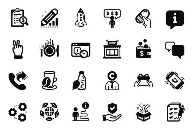 Vector Set of Business icons related to Survey checklist, Water bottle and Gears icons. Coffee cup, Edit statistics and Rocket signs. Call center, Gift and Food. Shop, Eco organic. Vector clipart