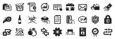 Davullar, İnceleme süreci, Kutu simgeleri gibi basit simgeler kümesi. Noel balosu, mesaj, onaylanmış posta tabelaları. Muhasebe raporu, başlangıç konsepti, açık hediye. Sertifika, verileri güncelle. Vektör