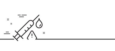 Aşı dikkat hattı ikonu. Aşı şırıngası uyarı işareti. Yumruk sembolü. Asgari çizgi çizimi arka planı. Aşı dikkat hattı ikon desenli pankart. Beyaz ağ şablonu konsepti. Vektör