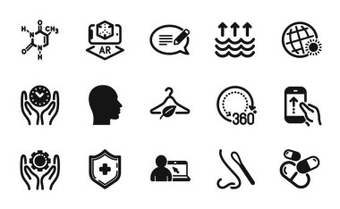 360 derecelik vektör kümesi, Yavaş moda ve Çevrimiçi eğitim simgeleri basit set. Çalışan el, yukarı kaydır ve baş simgeler. Buharlaşma, artırılmış gerçeklik ve burun testleri. Vektör