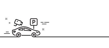 Video izleme çizgisi simgesi ile park etmek. Otopark tabelası. Işınlama yeri sembolü. Asgari çizgi çizimi arka planı. Güvenlik hattı simge pankartı park ediliyor. Beyaz ağ şablonu konsepti. Vektör