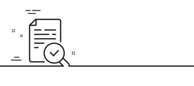 Satır simgesini incele. Kaliteli araştırma işareti. Doğrulama belgesi sembolü. Asgari çizgi çizimi arka planı. Çizgi simge desenli pankartı inceleyin. Beyaz ağ şablonu konsepti. Vektör