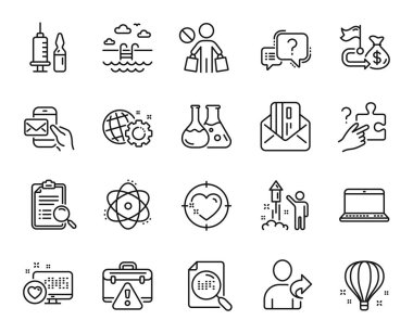 Arama bulmacası, arama analizi ve kimya laboratuarı çizgisi simgeleri oluşturuldu. Seo giysileri, Kalp hedefleri ve Atom simgeleri. Uyarı çantası, alışverişi bırakın ve arkadaş imzalarına dikkat edin. Vektör