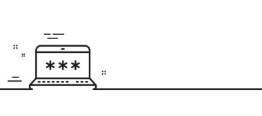 Laptop şifre satırı simgesi. Siber savunma işareti. Bilgisayar koruma sembolü. Asgari çizgi çizimi arka planı. Laptop parola çizgisi simge pankartı. Beyaz ağ şablonu konsepti. Vektör