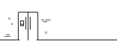 Buzdolabında buz imalatçısı ikonu var. Buzdolabı tabelası. Dondurucu depolama sembolü. Asgari çizgi çizimi arka planı. Buzdolabı çizgisi ikon desenli pankart. Beyaz ağ şablonu konsepti. Vektör