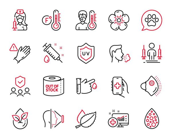 Векторный набор значков здравоохранения, связанных с уходом за домашними животными, инъекциями коронавируса и значками идентификации лиц. Донорство крови, использование перчаток и знаков органических продуктов. Медицинская маска, градусник Фаренгейта. Вектор