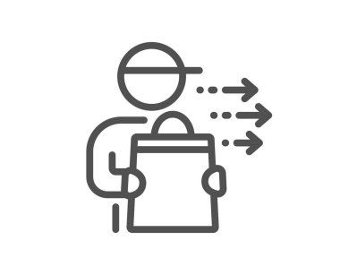 Yemek dağıtım hattı ikonu. Emir işareti olan bir kurye. Yemek servisi sembolü. Kalite tasarım elemanı. Doğrusal yemek dağıtım ikonu. Düzenlenebilir felç. Vektör