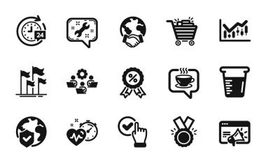 24 saat teslimat vektör seti, takım çalışması ve alışveriş arabası simgeleri basit. İndirim madalyası, Onur ve Dünya sigorta ikonları. Küresel iş, kardiyo eğitimi ve Seo pazarlama tabelaları. Vektör