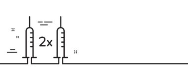 Coronavirus 2x aşı hattı ikonu. Corona şırınga işareti. Kapsamlı yumruk sembolü. Asgari çizgi çizimi arka planı. Coronavirus aşı çizgisi ikon desenli pankart. Beyaz ağ şablonu konsepti. Vektör