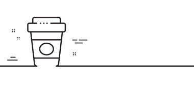 Paket kahve ikonu. Sıcak latte bardağı tabelası. Çay bardağı sembolü. Asgari çizgi çizimi arka planı. Paket kahve hattı ikon desenli pankart. Beyaz ağ şablonu konsepti. Vektör