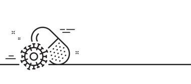 Coronavirus hapları çizgisi ikonu. Covid-19 virüs aşısı işareti. Corona virüsü sembolü. Asgari çizgi çizimi arka planı. Coronavirus hapları ikon desenli pankart. Beyaz ağ şablonu konsepti. Vektör